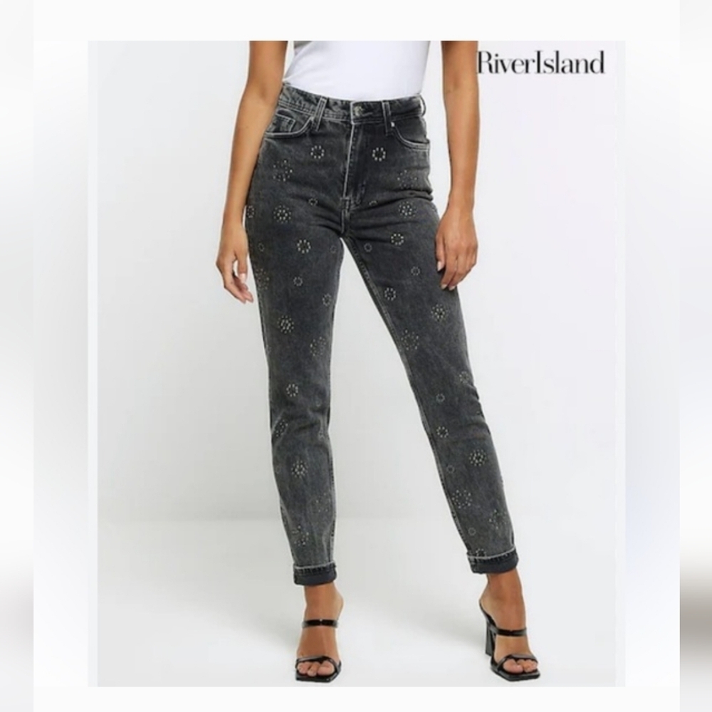 River Island Gray Embroidered Straight Leg Jeans